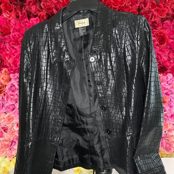 Neiman Marcus Exclusive Embossed - Women's Black Leather Jacket - Picture 2 of 4